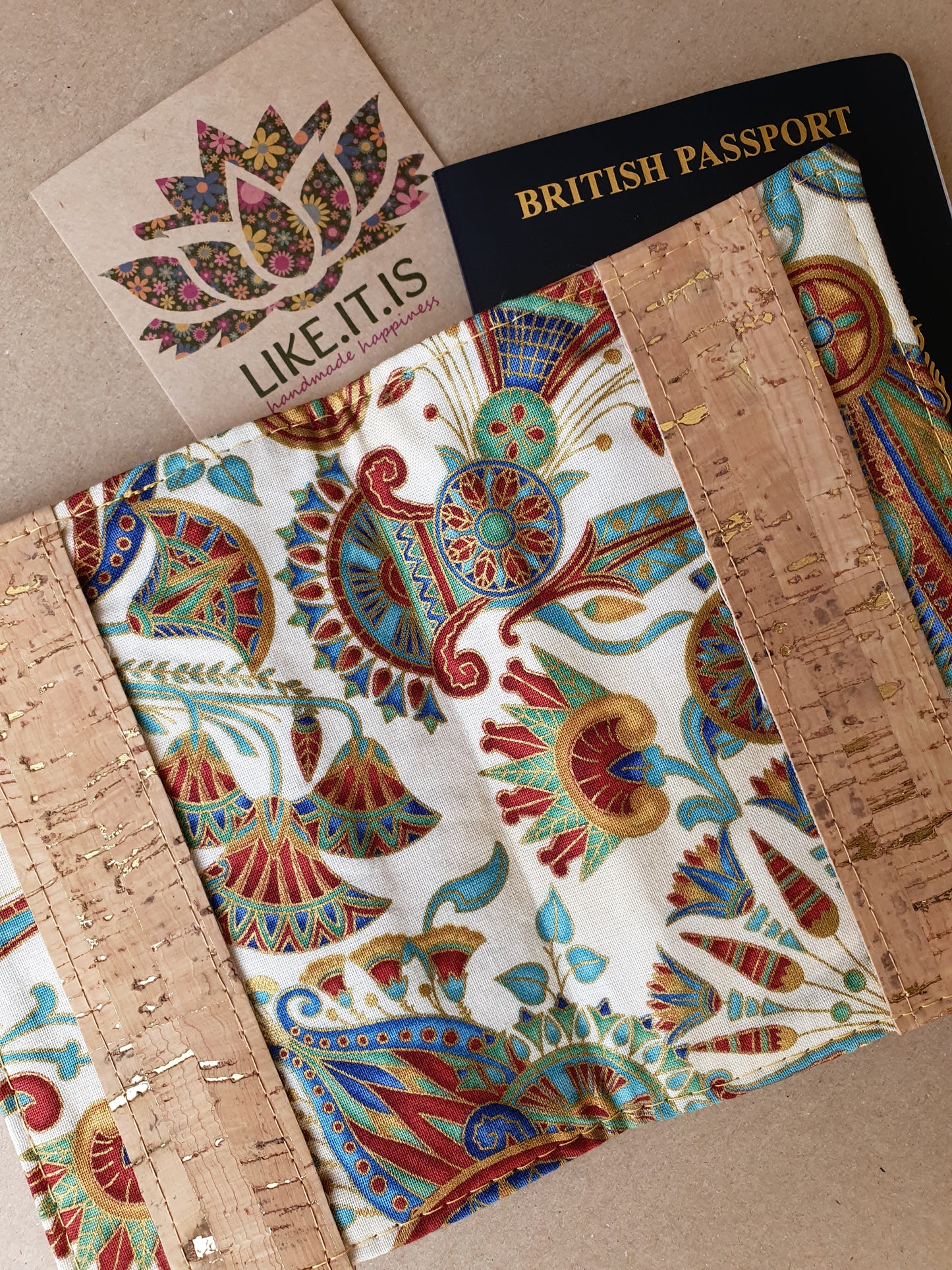Passport Cover - natural cork with gold flecks, egyption liner