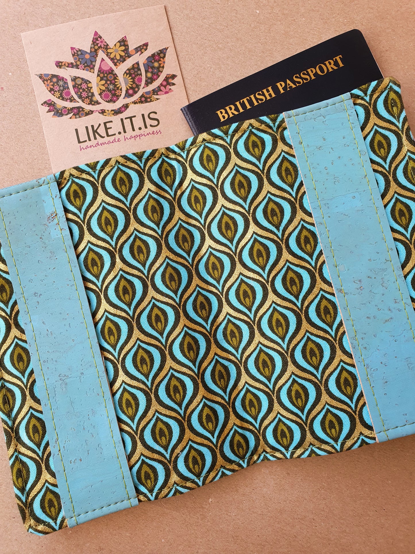 Passport Cover - sky blue cork, metallic peacock eye liner