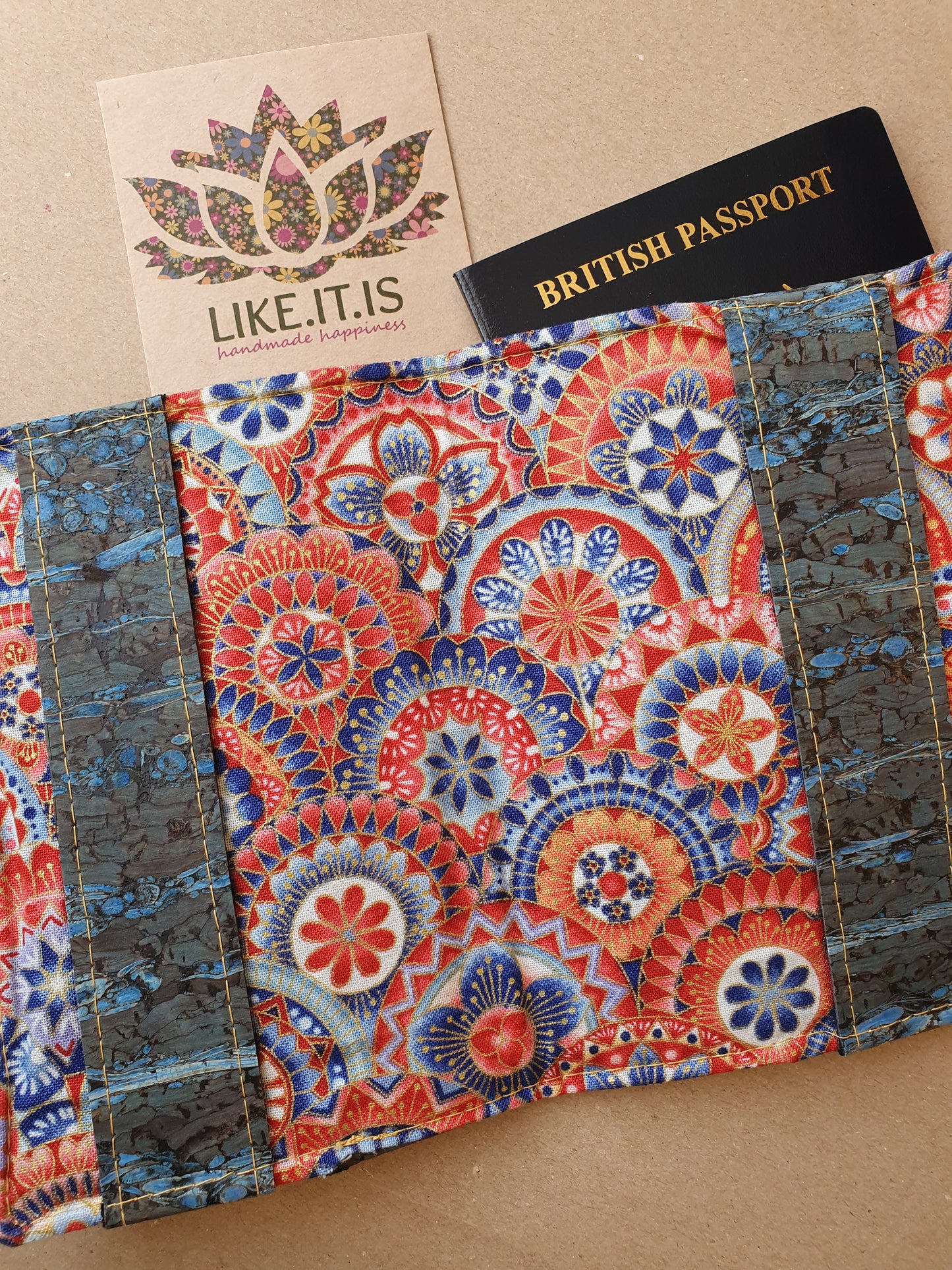 Passport Cover - blue dragonfly wing cork, Aztec mandala liner
