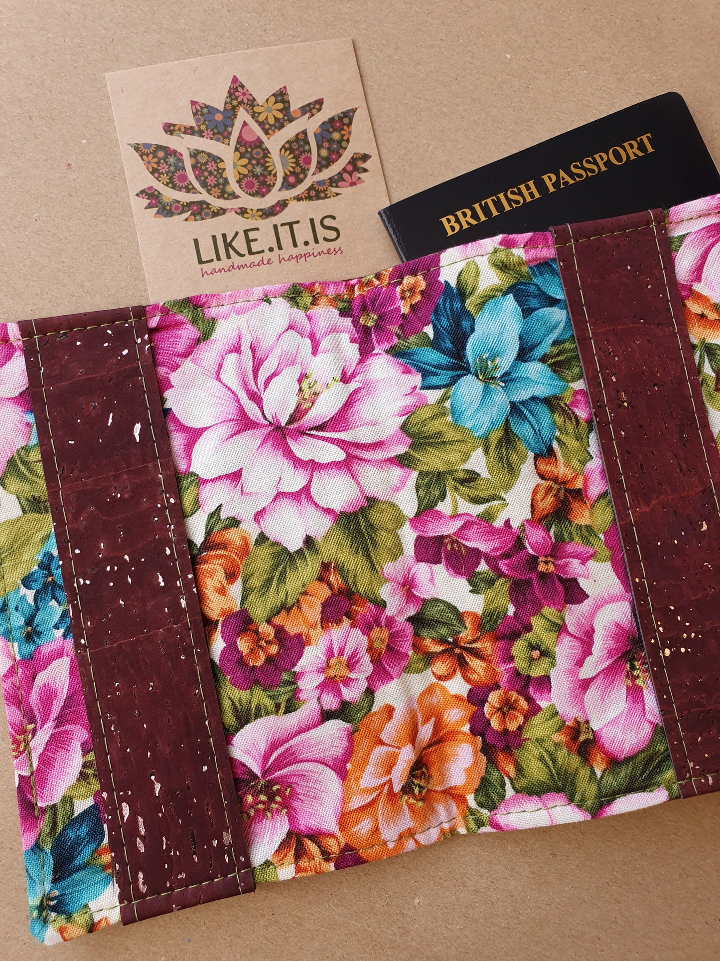 Passport Cover - aubergine & silver flecks cork, floral liner