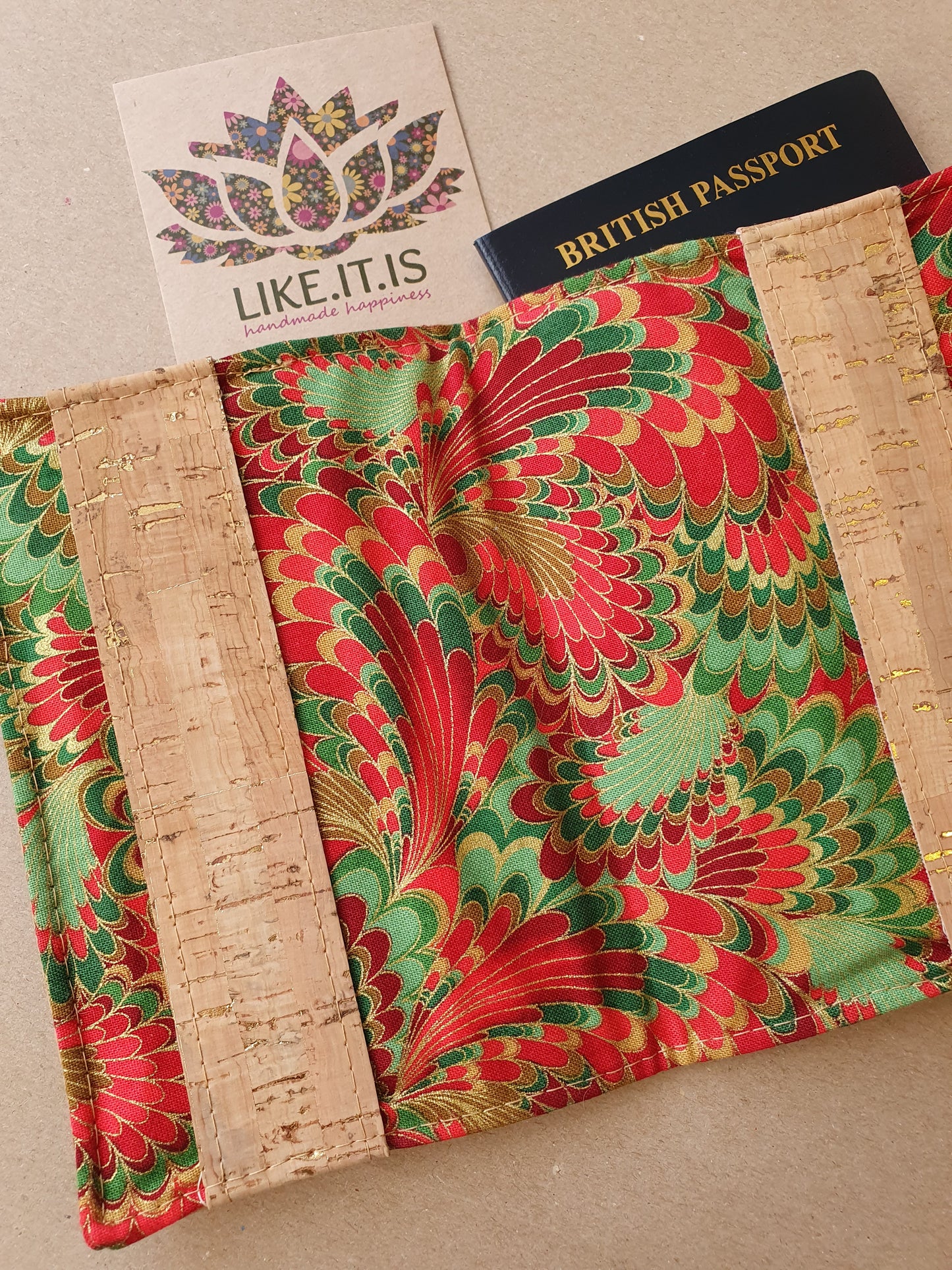 Passport Cover - natural cork with gold flecks, red & green swirl liner