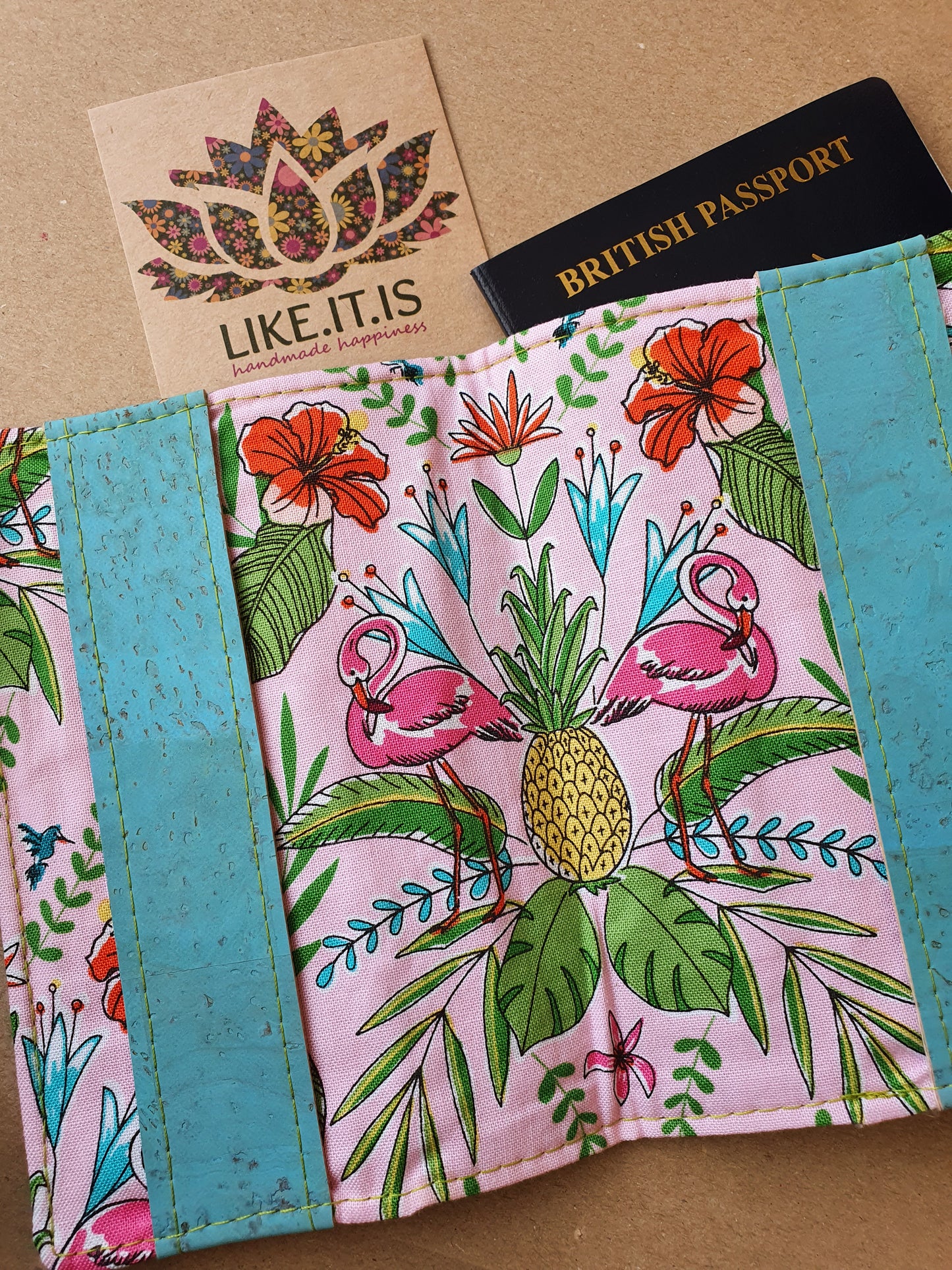 Passport cover - sky blue cork, flamingo liner