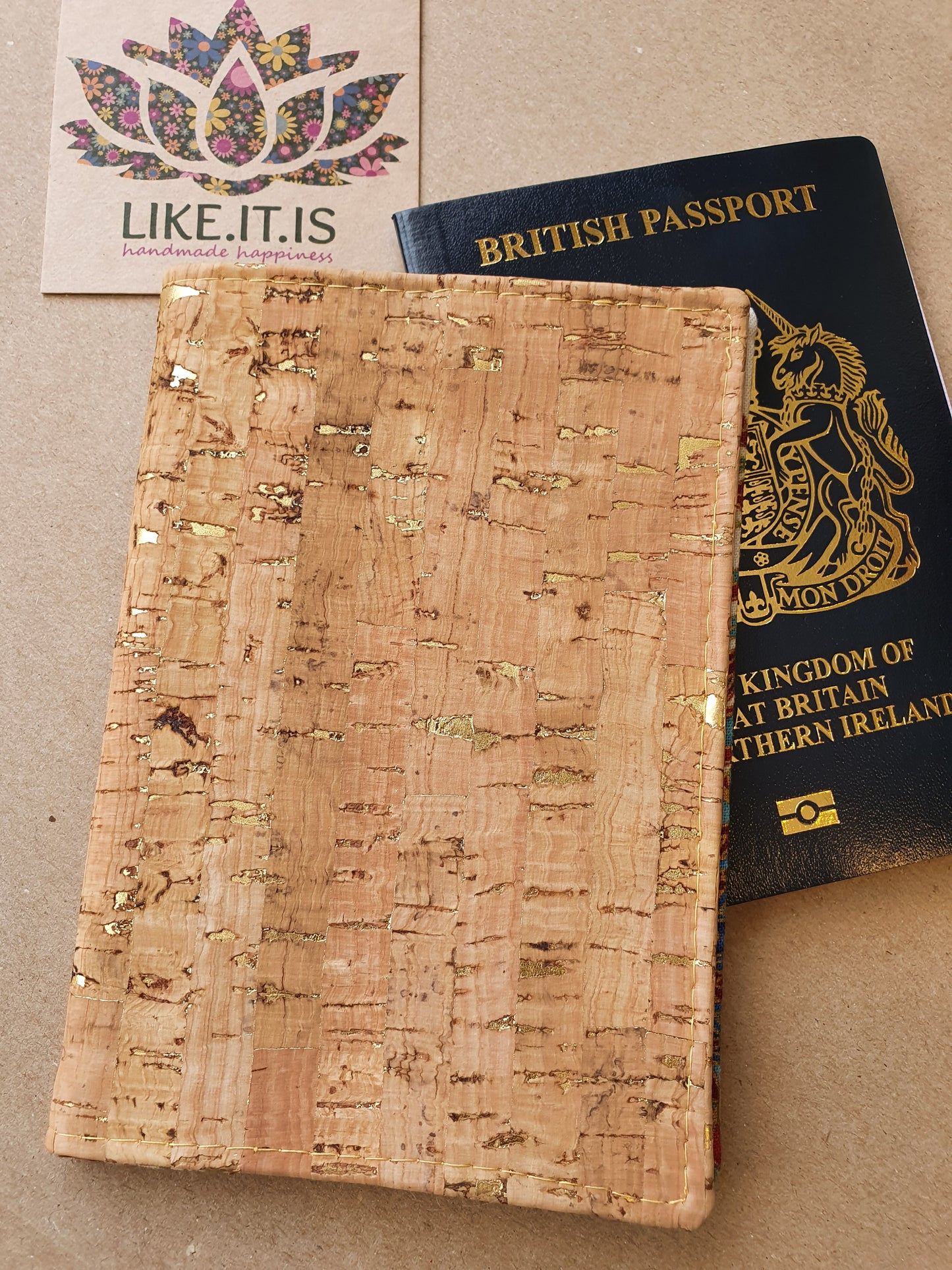 Passport Cover - natural cork with gold flecks, egyption liner