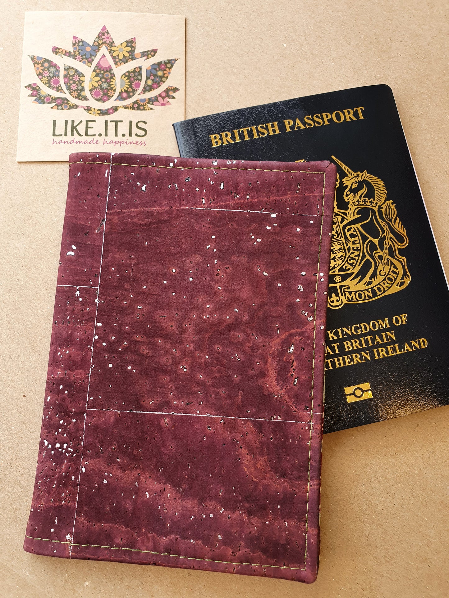 Passport Cover - aubergine & silver flecks cork, mint garden liner