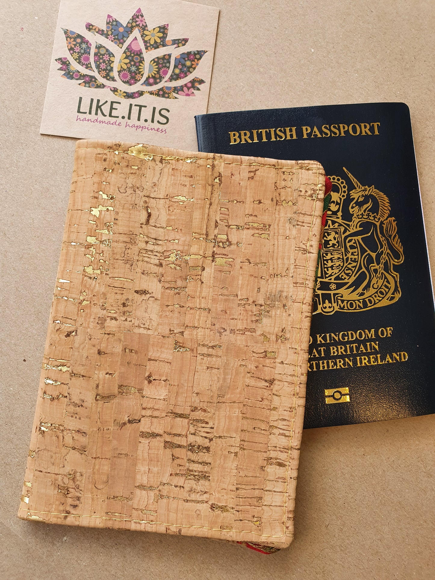 Passport Cover - natural cork with gold flecks, red & green swirl liner