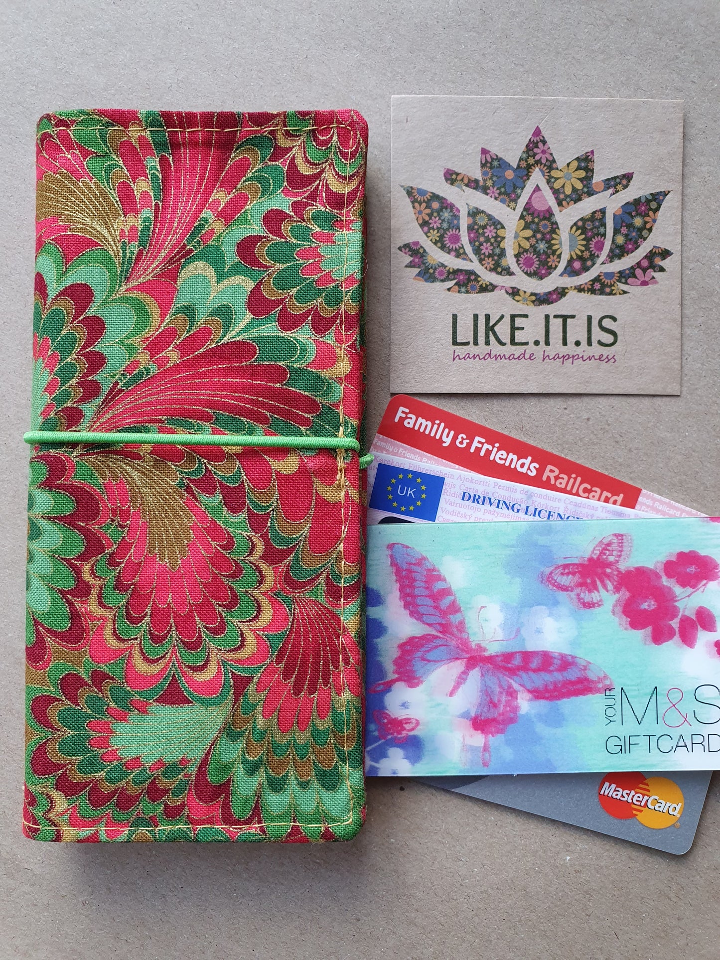 Credit Card Cruiser - red/gold/green swirls, lime cord