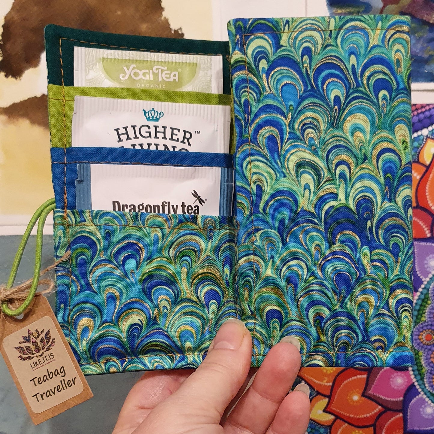 Teabag Traveller - peacock swirls, lime