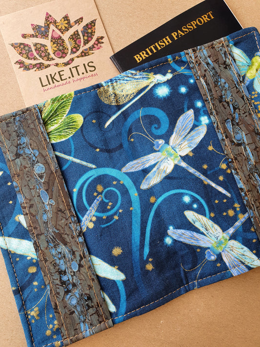 Passport Cover - blue dragonfly wing cork, dragonflies liner