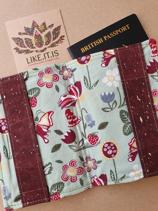 Passport Cover - aubergine & silver flecks cork, mint garden liner