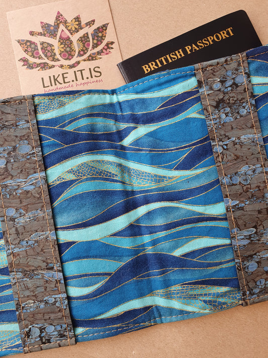 Passport Cover - blue dragonfly wing cork - metallic waves liner