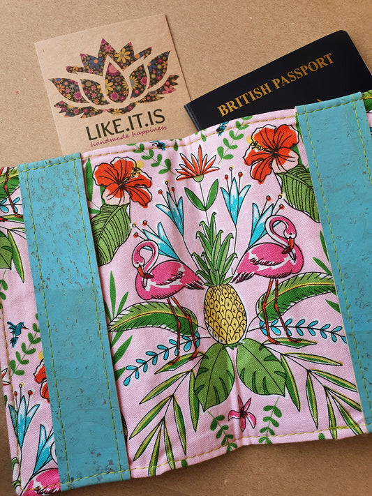 Passport cover - sky blue cork, flamingo liner