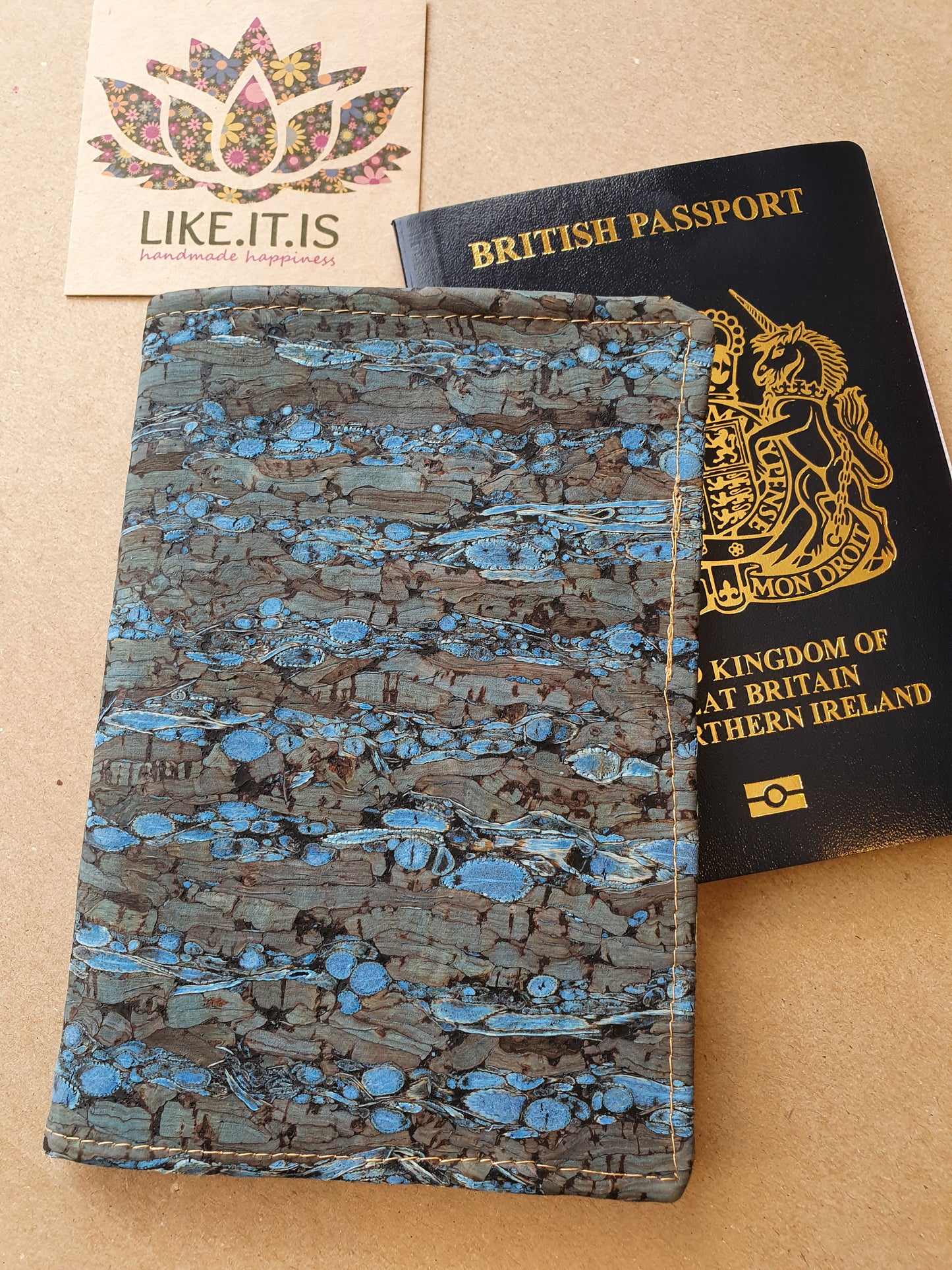 Passport Cover - blue dragonfly wing cork, dragonflies liner