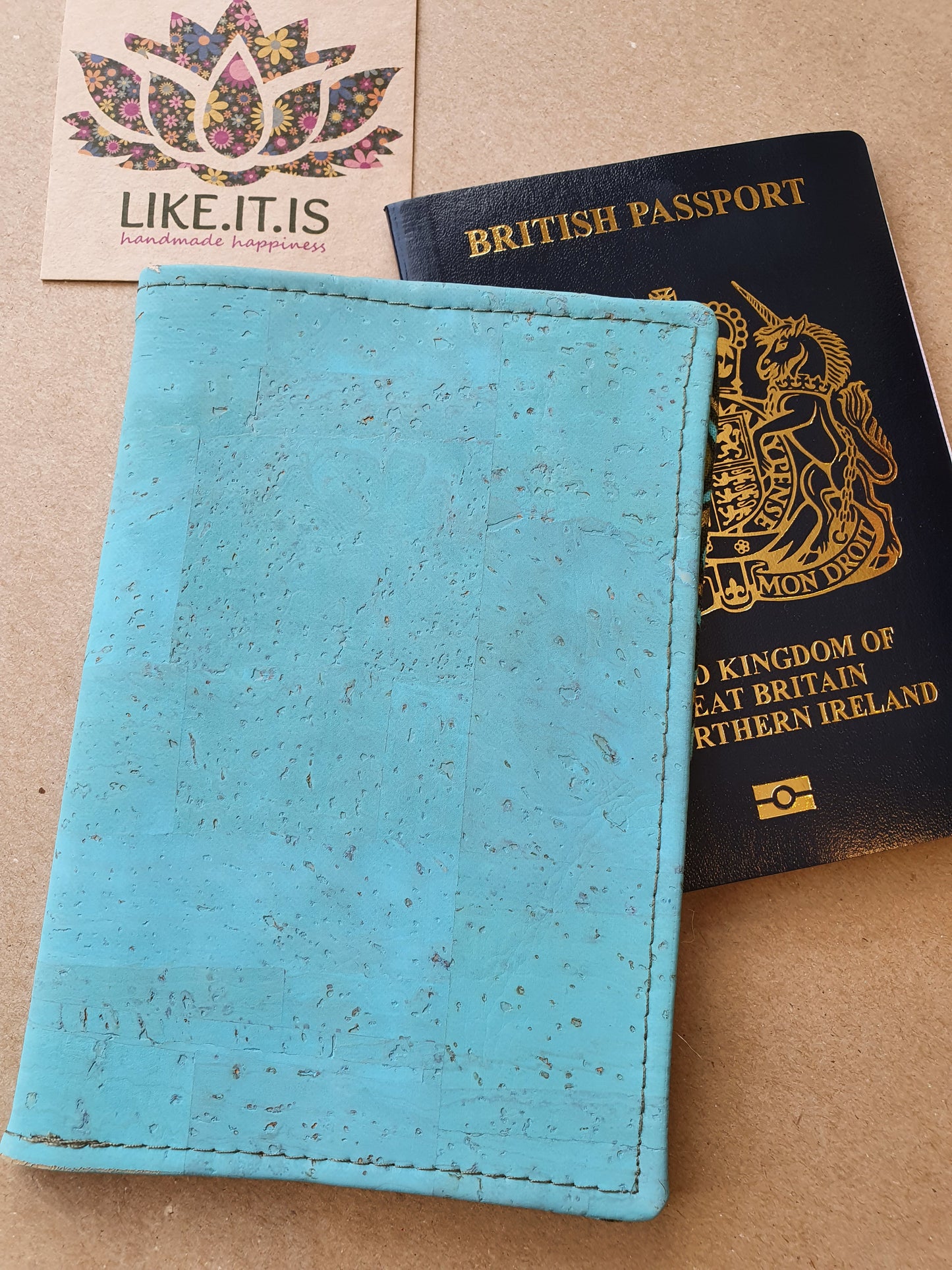 Passport Cover - sky blue cork, metallic peacock eye liner