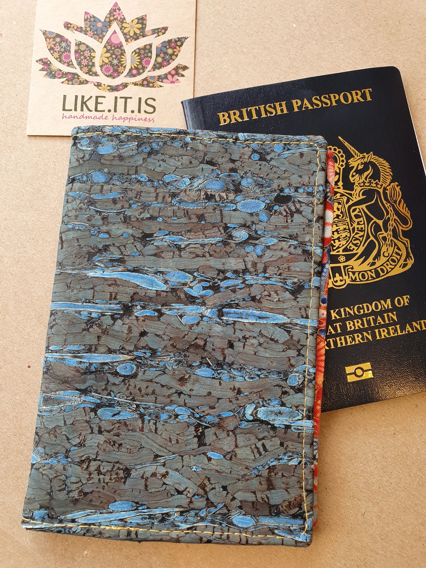 Passport Cover - blue dragonfly wing cork, Aztec mandala liner