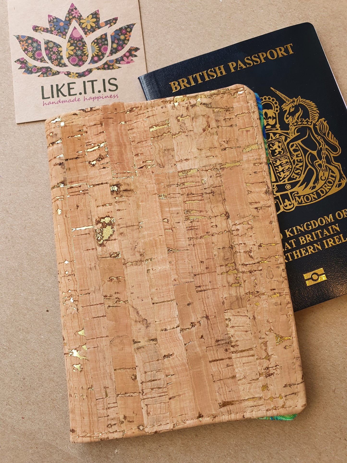 Passport Cover - natural cork with gold flecks, greens/blues paint swirls liner