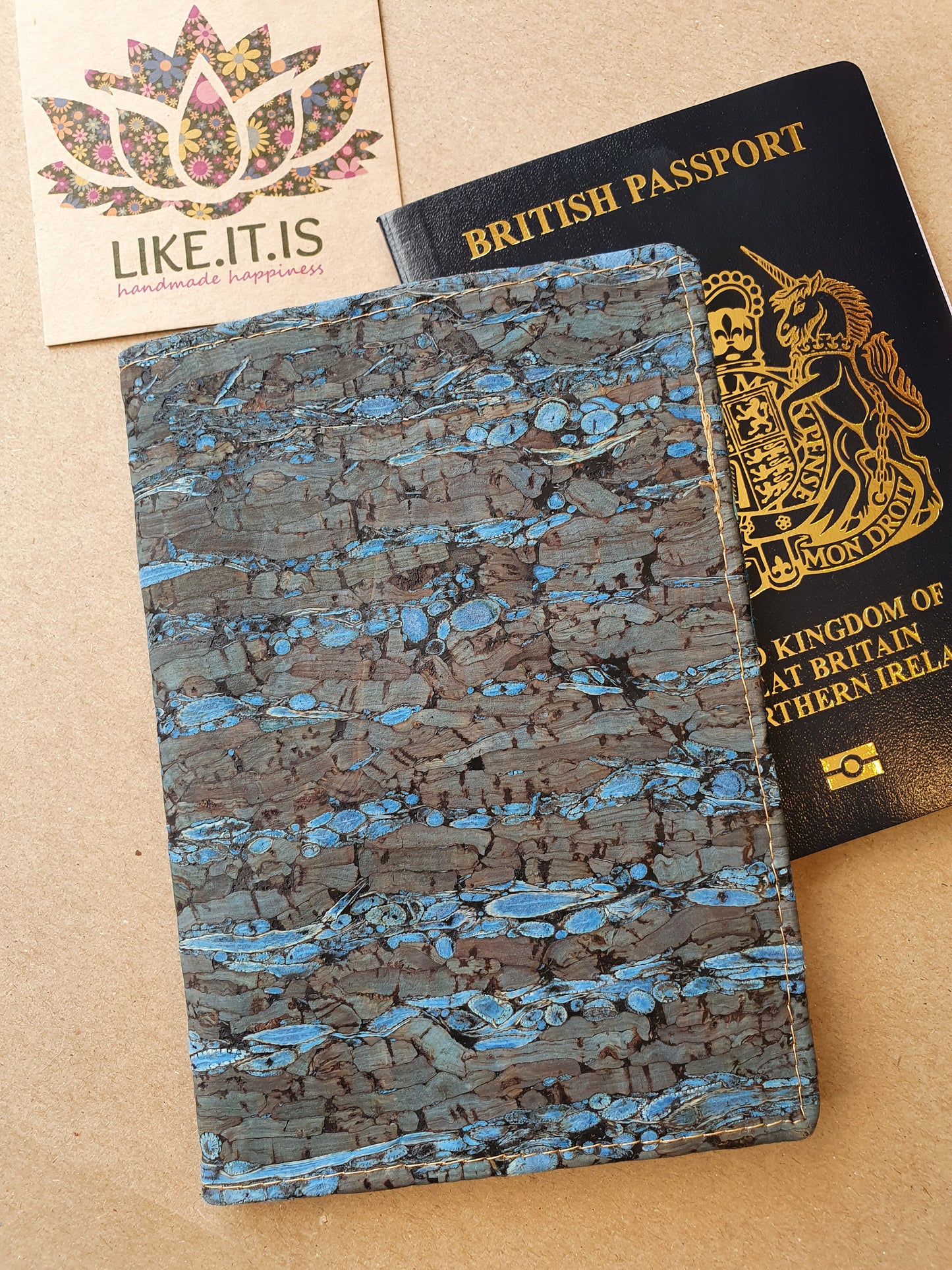 Passport Cover - blue dragonfly wing cork - metallic waves liner