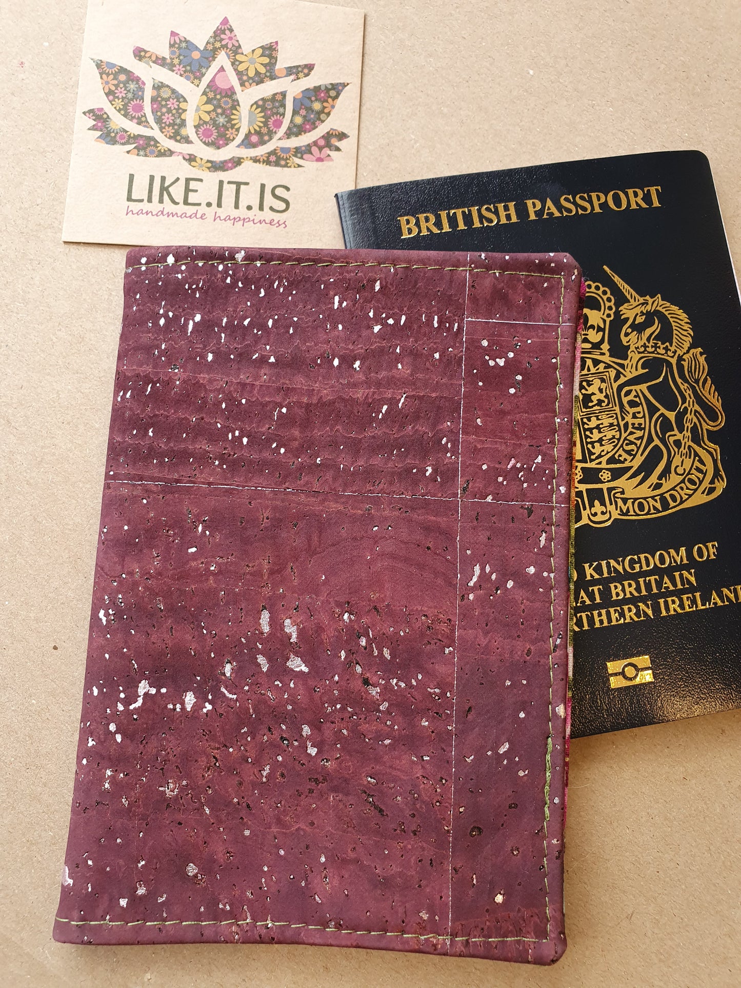 Passport Cover - aubergine & silver flecks cork, floral liner