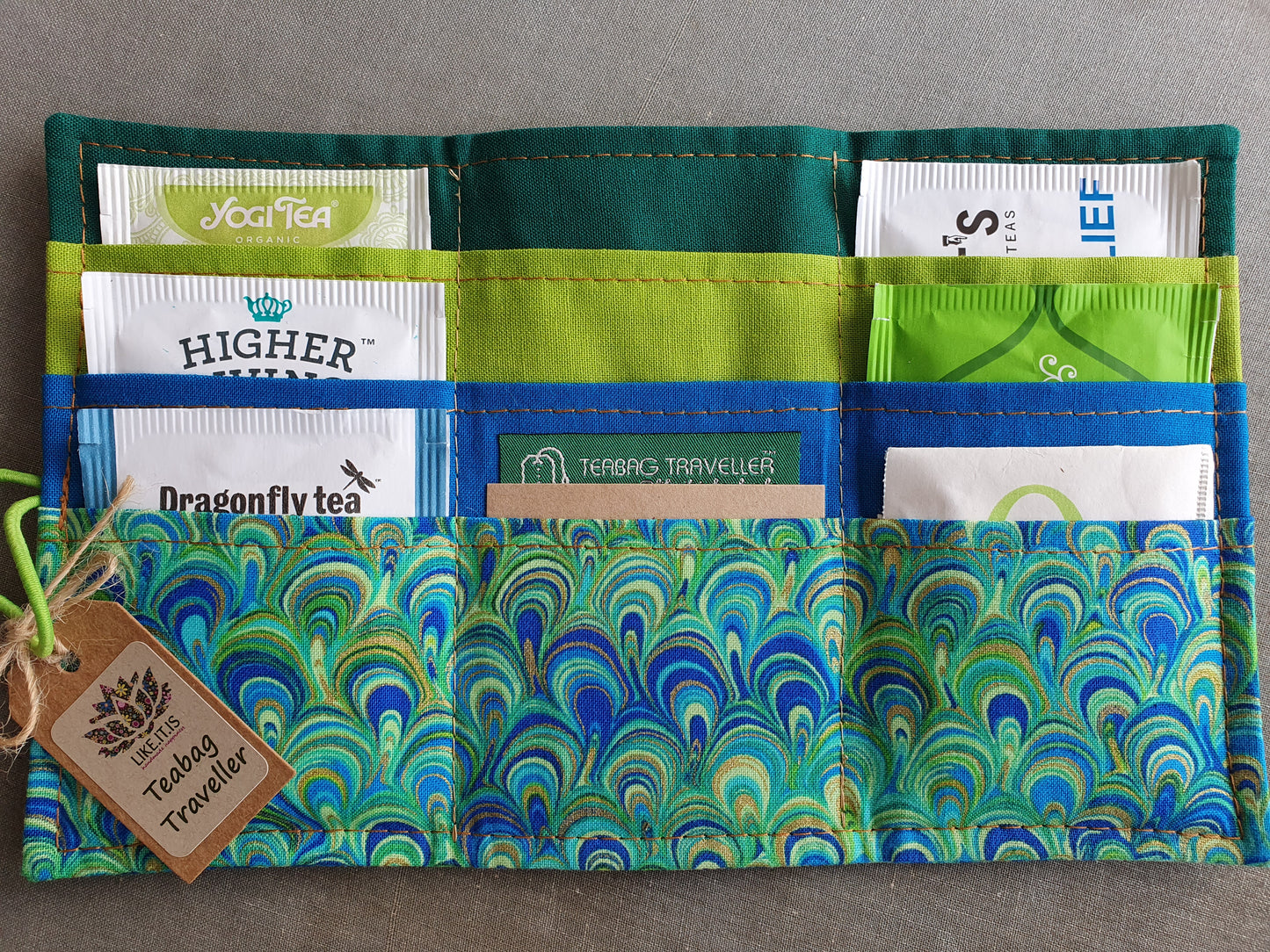 Teabag Traveller - peacock swirls, lime